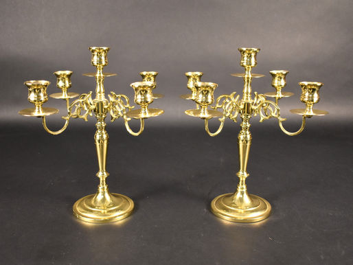 # 215, PAIR OF LARGE "BALDWIN" BRASS GEORGIAN FIVE LIGHT CANDELABRUM: