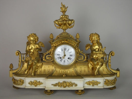 Item #124, SIGNED "JULIAN LEROY" LOUIS XV GILDED ORMOLU & MARBLE CLOCK: (1686-1759)