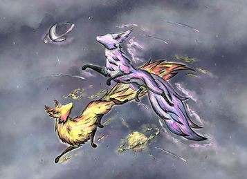Two mythical fire foxes leaping over each other as they play among the stars.