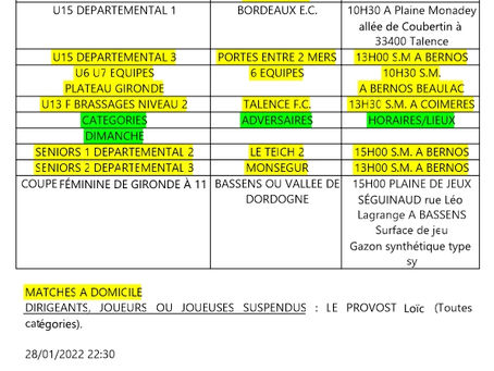 PLANNING MODIFIE DES 29 ET 30 JANVIER 2022