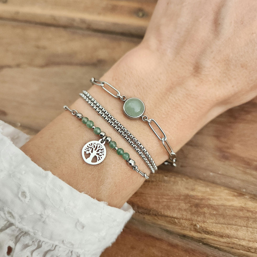 Bracelet arbre de vie hand-made en acier inoxydable argenté et perles fines naturelles d'aventurine