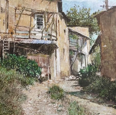 old village, summer , strong sun, path through village