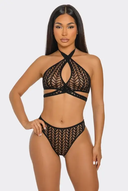 Wicked Nights black lace halter lingerie set – front view