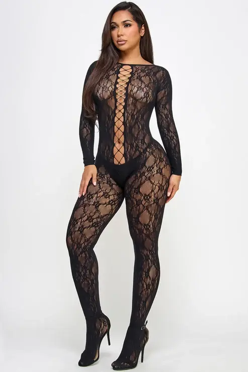 Full-length front view of the black floral lace bodystocking with long sleeves