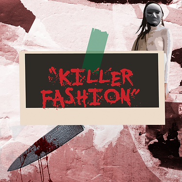 A cover for "Killer Fashion" featuring a bloody knife and well-dressed masked killer