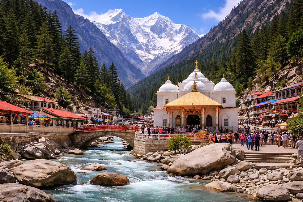 गंगोत्री मंदिर का दृश्य, भागीरथी नदी के किनारे हिमालयी पहाड़ों की पृष्ठभूमि में स्थित मंदिर परिसर