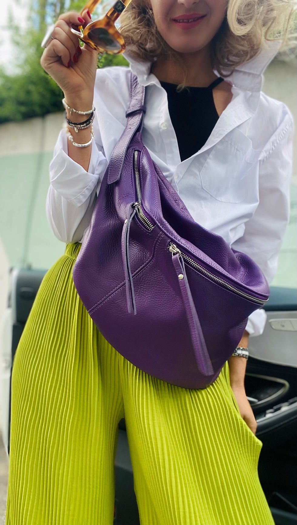 Thumbnail: IDA XXLLedertasche Handtasche Lila Tasche Umhängetasche