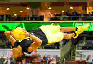 Jerry L. Burrell doing a rudy bounce pass at halftime performance for Iowa Energy