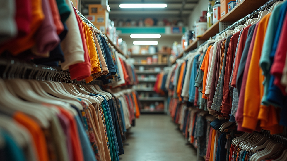Eye-level view of a vibrant thrift store filled with clothing