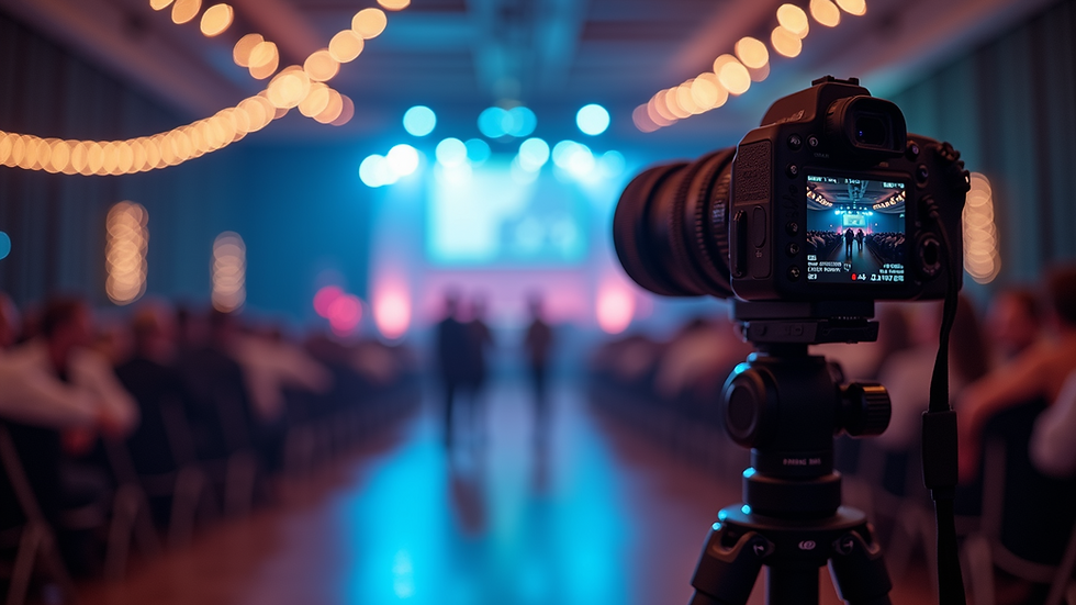 Eye-level view of a camera on a tripod at an event venue
