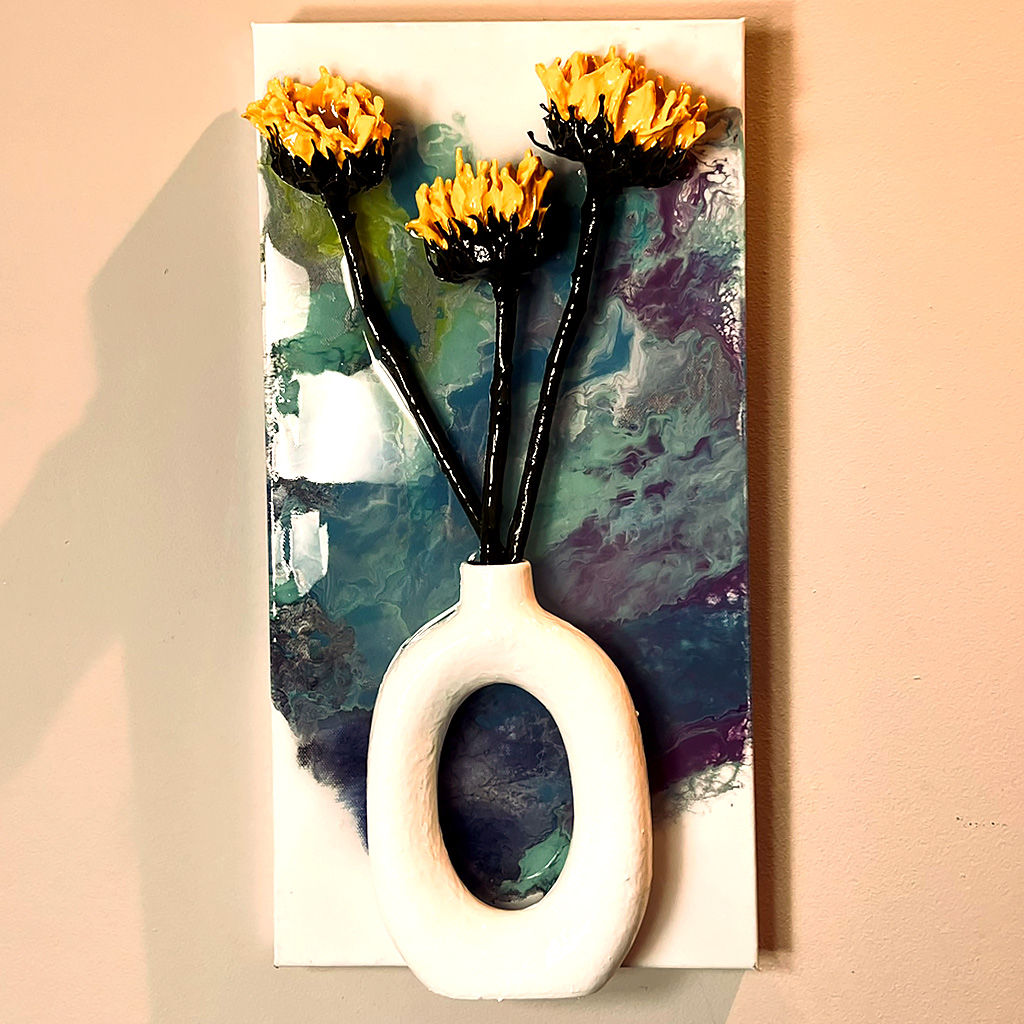 Preserved sunflowers in vase mixed media by artist Dinett Hok