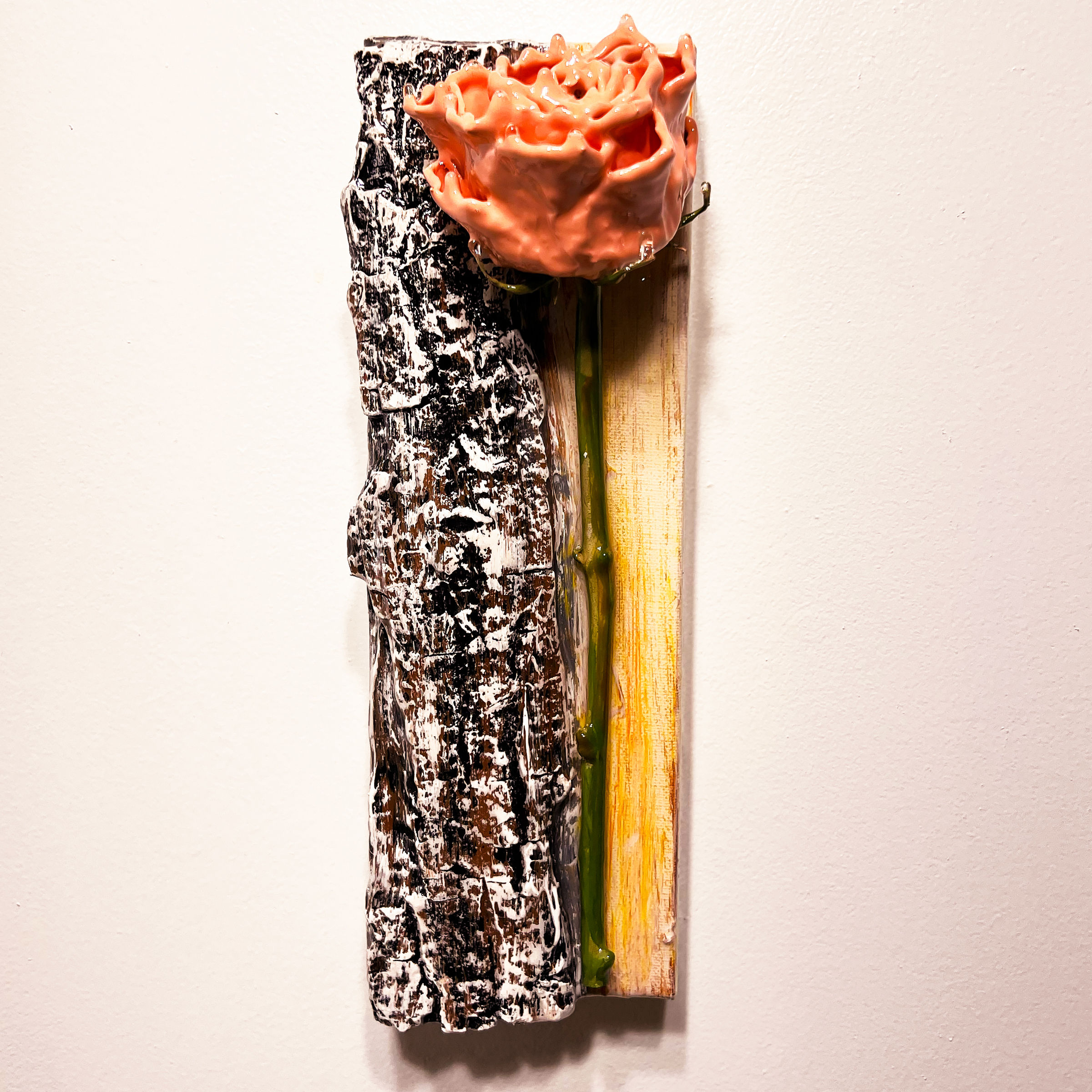 Dinett Hok original mixed media: preserved peach rose with tree bark texture on abstract orange-gold background, 12x4" canvas