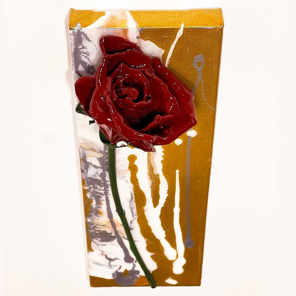 Thumbnail: Top view of Dinett Hok's deep red rose mixed media showing depth on 12x4" canvas