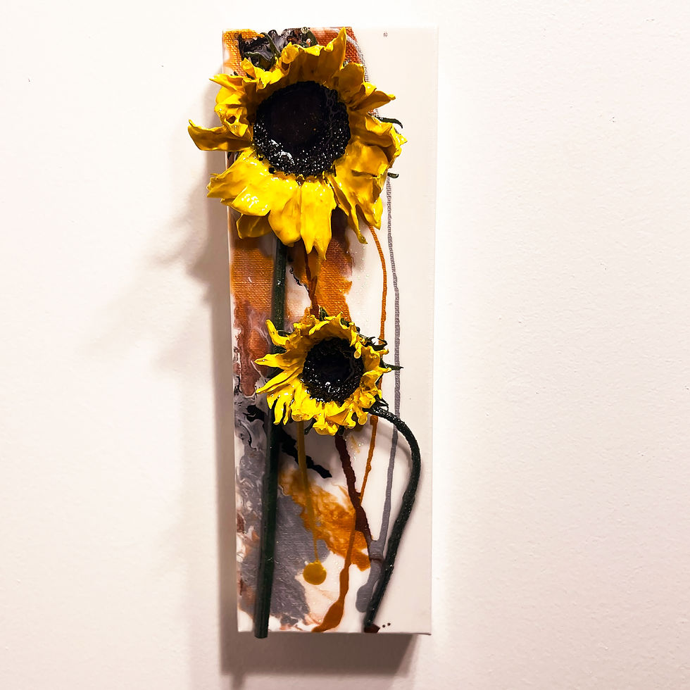 Dinett Hok original mixed media: two preserved sunflowers on gold-cream abstract drips, 12x4" canvas