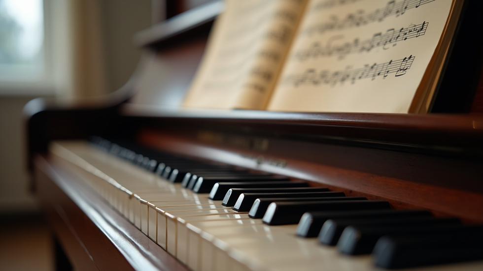 Close-up of a piano keyboard with sheet music on a stand