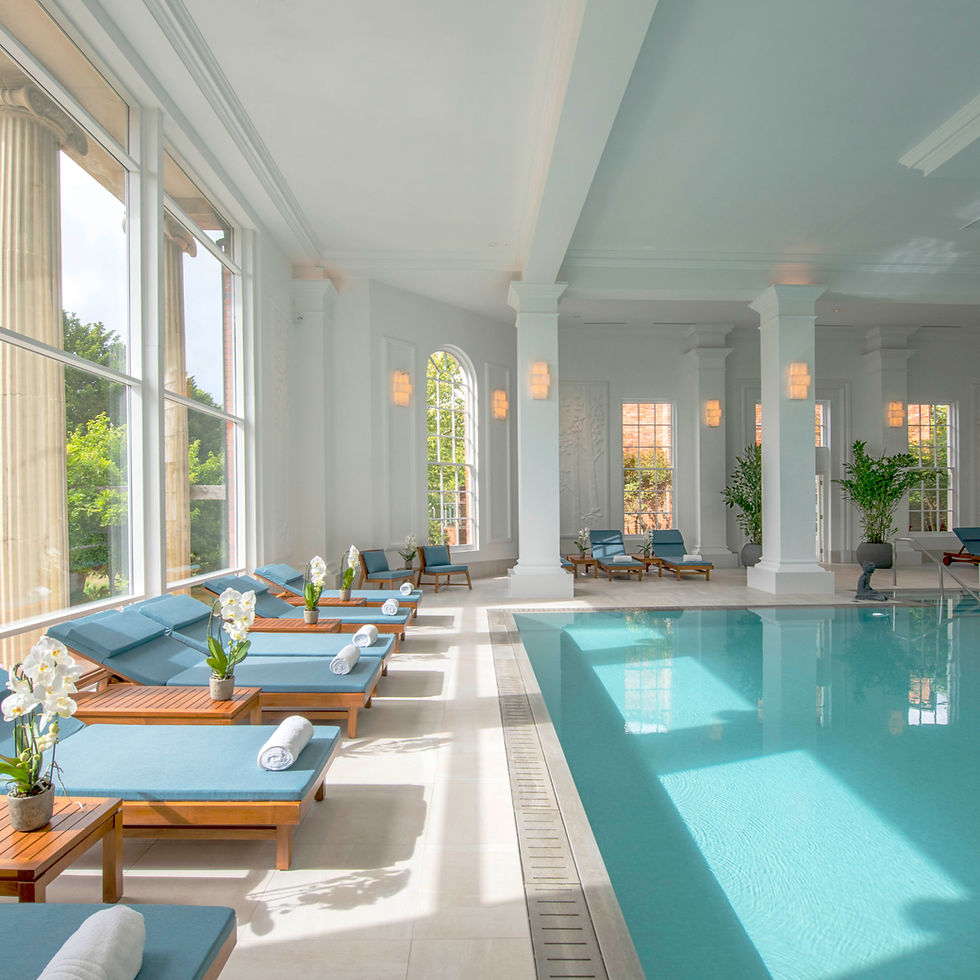 Indoor pool with blue lounge chairs, white orchids, and large windows allowing natural light. Chewton Glen Hotel & Spa