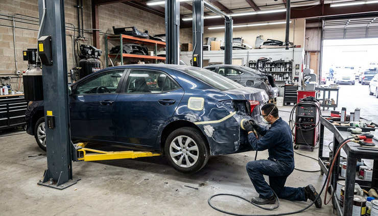 Wide-angle view of a damaged vehicle inside a repair bay