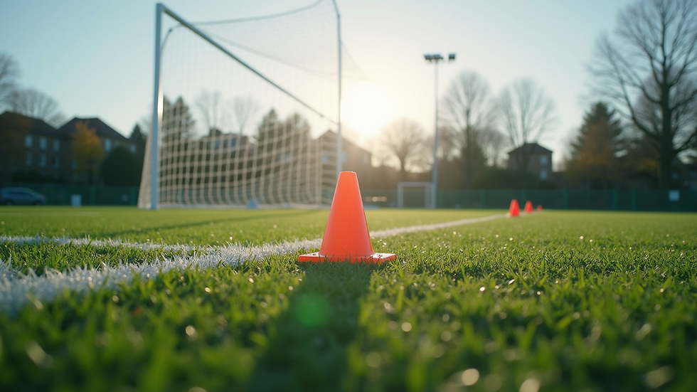 Eye-level view of a soccer field with cones and net in place