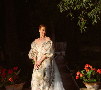 Bride in floral gown for a luxury island wedding Mallorca