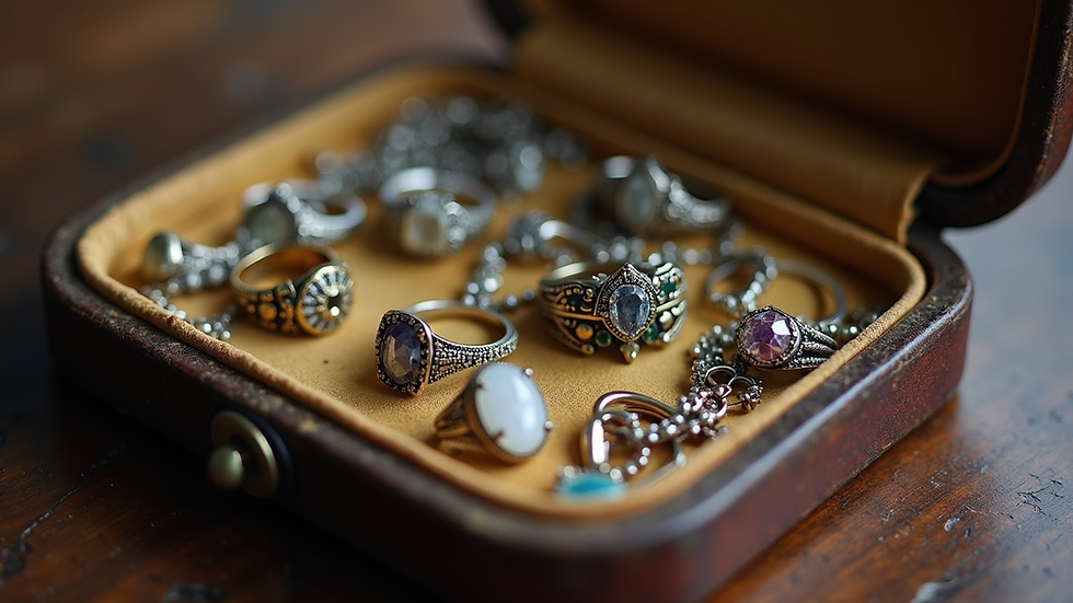 Eye-level view of a vintage jewellery box with assorted antique rings and necklaces