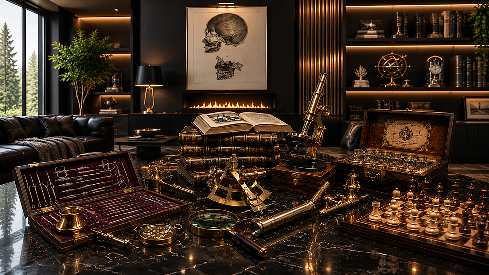 Luxury modern interior showcasing fine antique scientific instruments, rare books, medical antiques and a chess set in an elegant contemporary setting