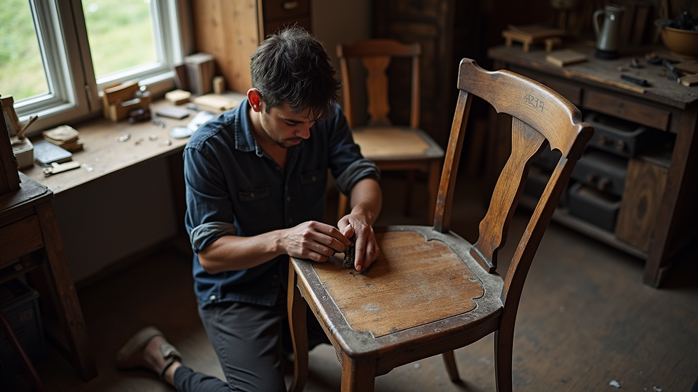 High angle view of a craftsman repairing an antique chair