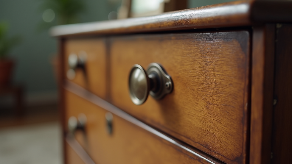 Eye-level view of hardware on vintage dresser