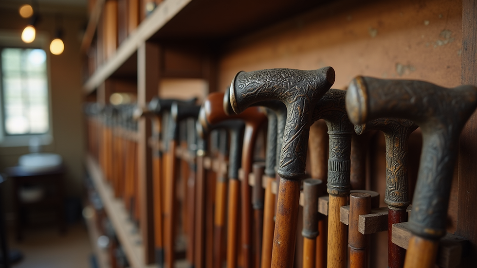 Eye-level view of a collection of antique walking sticks displayed on a wooden rack