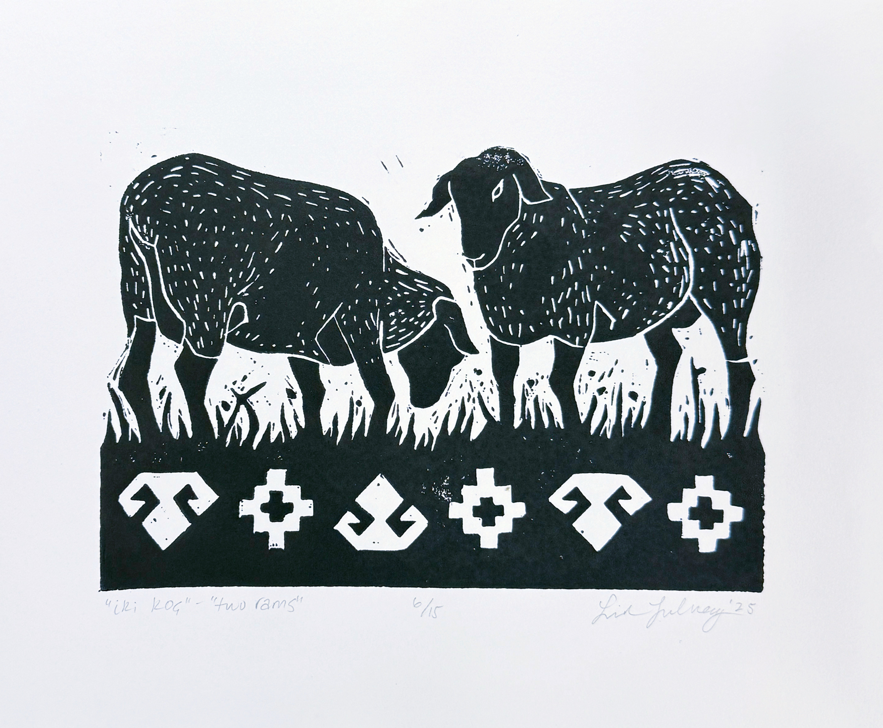"İki Koç - Two Rams" 8x10 in. linocut block print