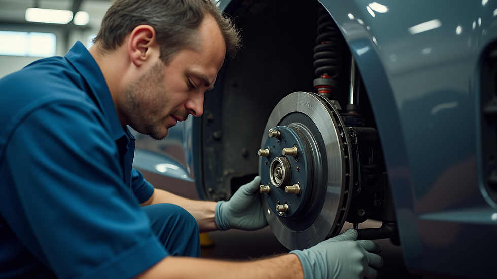 Eye-level view of a mobile mechanic working on a car's brake system