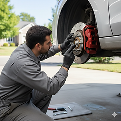 Technician inspecting brake pads and rotors