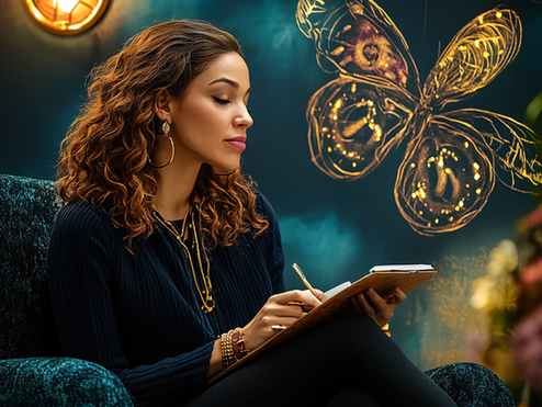 Woman writing in a notebook with a calm expression, representing reflection, perspective shifts, and staying high vibe during difficult times.