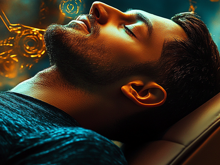 Man lying comfortably with eyes closed during a hypnosis session, surrounded by soft glowing patterns and warm light, representing a calm, focused trance state.