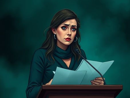 A woman standing at a podium looking nervous and fearful, sweating and anxious about public speaking, against a hazy smoky teal green and gray background with jewel tones of teal, sapphire blue and emerald green