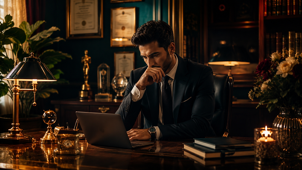 A well-dressed businessman stands in an elegant jewel-toned office with teal and gold accents, surrounded by framed certificates and trophies, yet his expression is thoughtful and uncertain, suggesting self-doubt despite visible success.