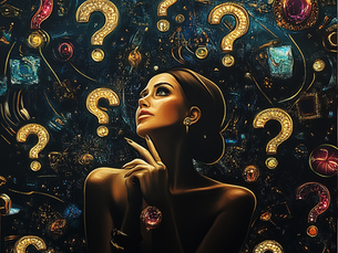 a woman sorrounded by question marks symbolizing using muscle testing to answer her questions