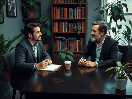 A man and his coach engaged in a focused conversation at a table in an office setting with bookshelves in the background.
