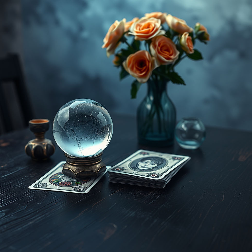 A crystal ball and tarot card spread on a scratched wooden table with a subtle mandala etching, surrounded by candles and peach flowers against a smoky gray and hazy blue background, evoking an intuitive and mystical atmosphere.