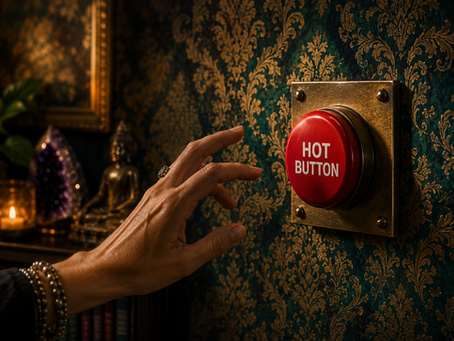 A hand reaches toward a large red emergency-style button mounted on a deep teal and gold damask wall. Warm candlelight illuminates a golden Buddha statue, an amethyst crystal, and elegant décor in the background, symbolizing an emotional trigger that is about to be activated.