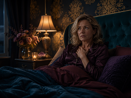 A blonde woman sits awake in bed at night with an anxious expression, surrounded by teal and burgundy bedding, gold damask wallpaper, a dim bedside lamp and moonlight shining through the window.
