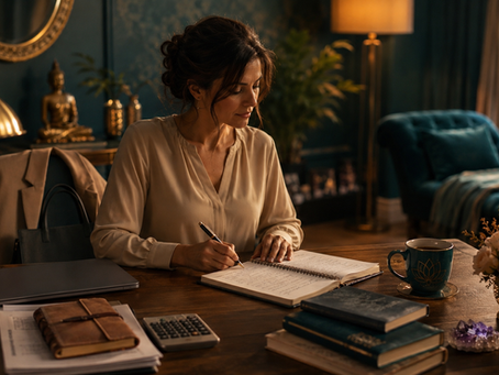 A woman sits at a desk in a warm teal-and-gold office, writing in a notebook beside a laptop, calculator, books, flowers, candle and tea mug, with a cozy chaise lounge in the background, suggesting the practical planning stage of building a hypnotherapy career while still working.