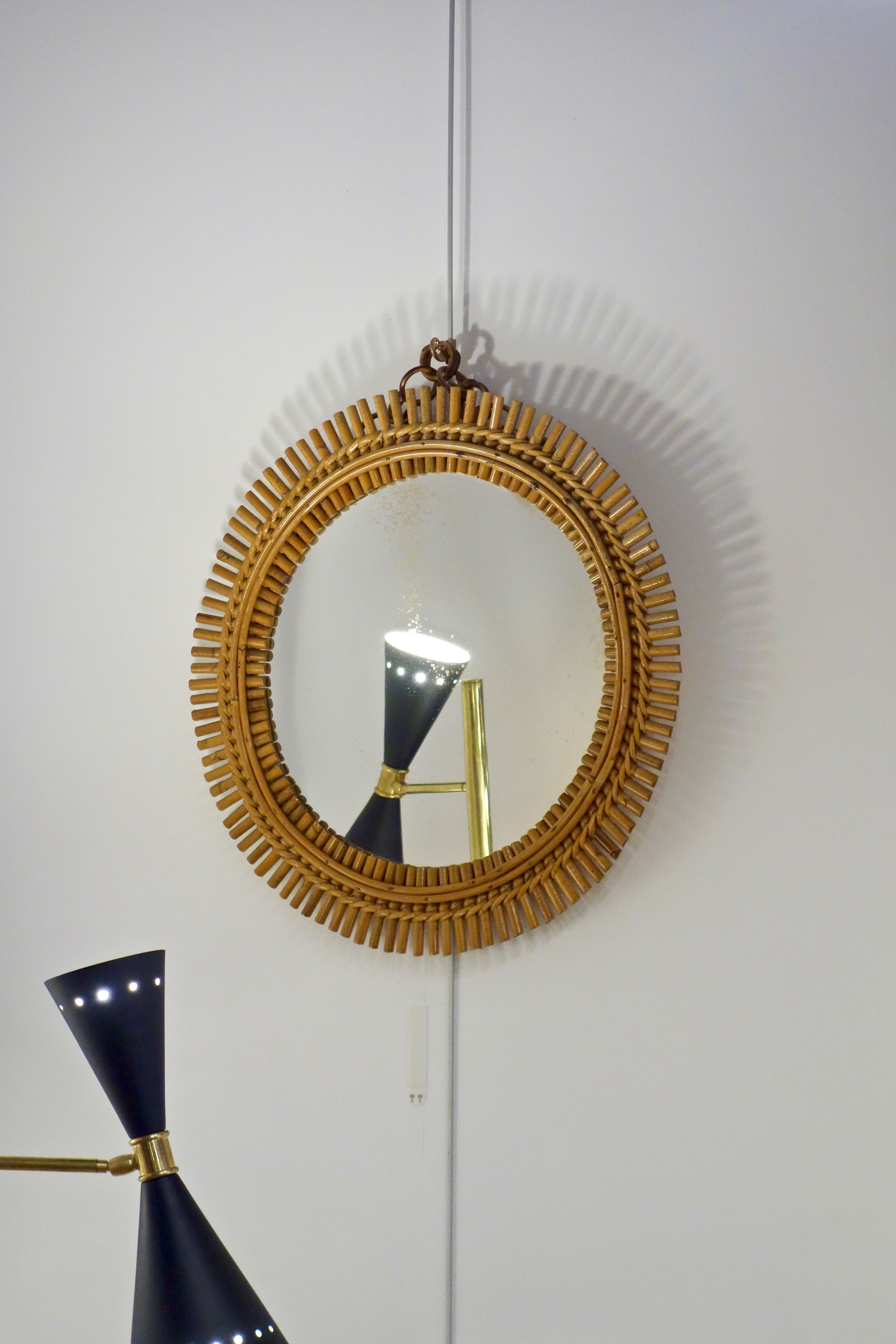 Miroir rond vintage en rotin et bambou par Bonacina, Italie 1960's