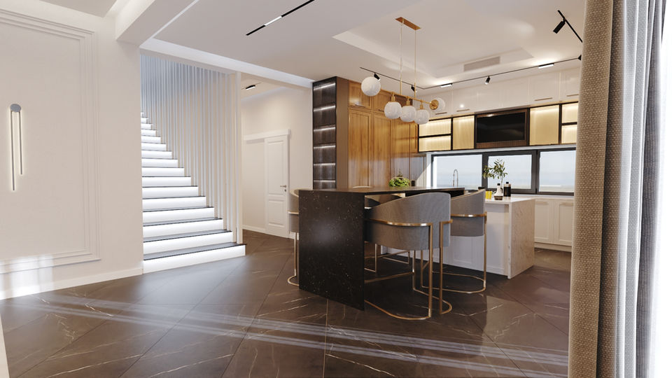 Design interior luxos pentru un living open space în Suceava, Brașov și Sibiu, cu locuri de luat masa, bucătărie la comandă, corpuri de iluminat și mobilier de înaltă calitate, garantând un mediu confortabil și elegant.
