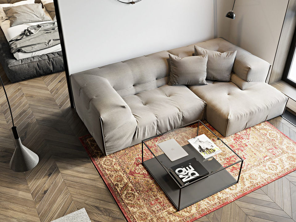 Apartament open space cu un design interior simplu și sofisticat, mobilă la comandă și tonuri subtile de negru și gri alb, în orașele Suceava, Brașov și Sibiu.