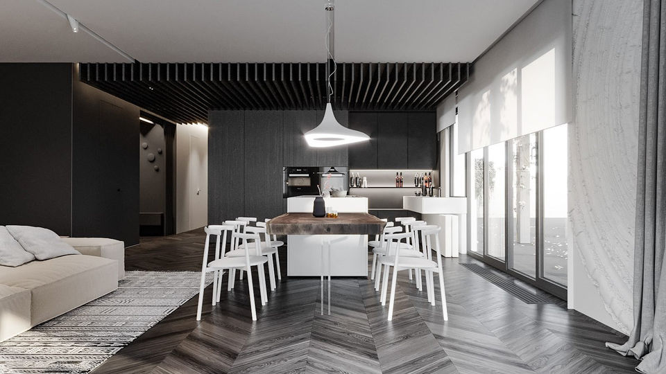 Explorează eleganța simplă a acestui apartament minimalist, unde placările de riflaje și insula de luat masa albă creează un cadru modern și aerisit. Nuanțele de lemn adaugă căldură și autenticitate în acest spațiu contemporan. Ideal pentru locuințele din Suceava, Brasov și Sibiu.