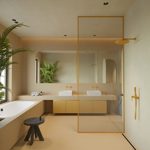 Experimentează atmosfera călduroasă și reconfortantă a unei băi galbene, într-un decor minimalist care emană eleganță și stil. Lavoarele duble adaugă un aer sofisticat, în timp ce dușul și cada completează spațiul, oferindu-ți un refugiu intim și relaxant în fiecare zi în Suceava, Brașov și Sibiu.