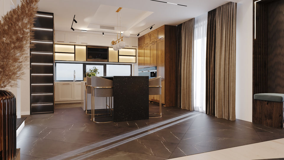 Design interior personalizat pentru un living open space în Suceava, Brașov și Sibiu, cu locuri de luat masa, bucătărie la comandă, corpuri de iluminat și mobilier elegant