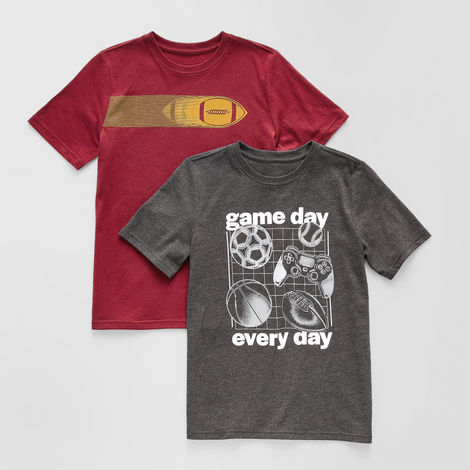 Burgandy tee with gold football chest stripe graphic and dark gray tee with multi sport gaming graphic