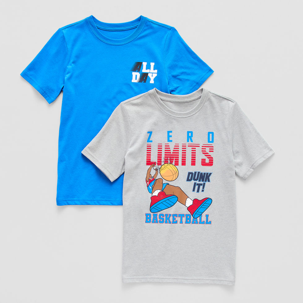 Blue tee with All Day graphic hit and heather gray tee with dunking basketball guy graphic