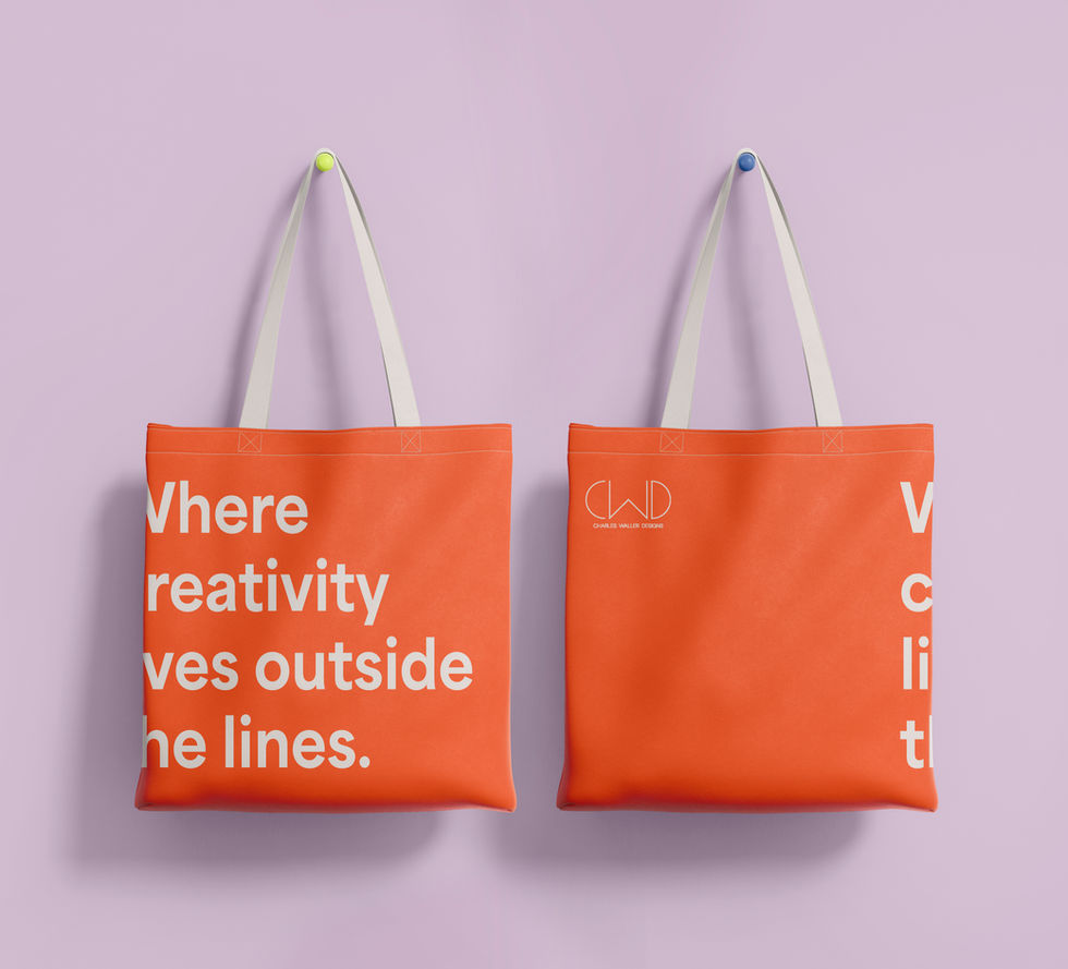 Charles Waller Design Red-orange tote bag design with Where creativity lives outside the lines and logo printed on it